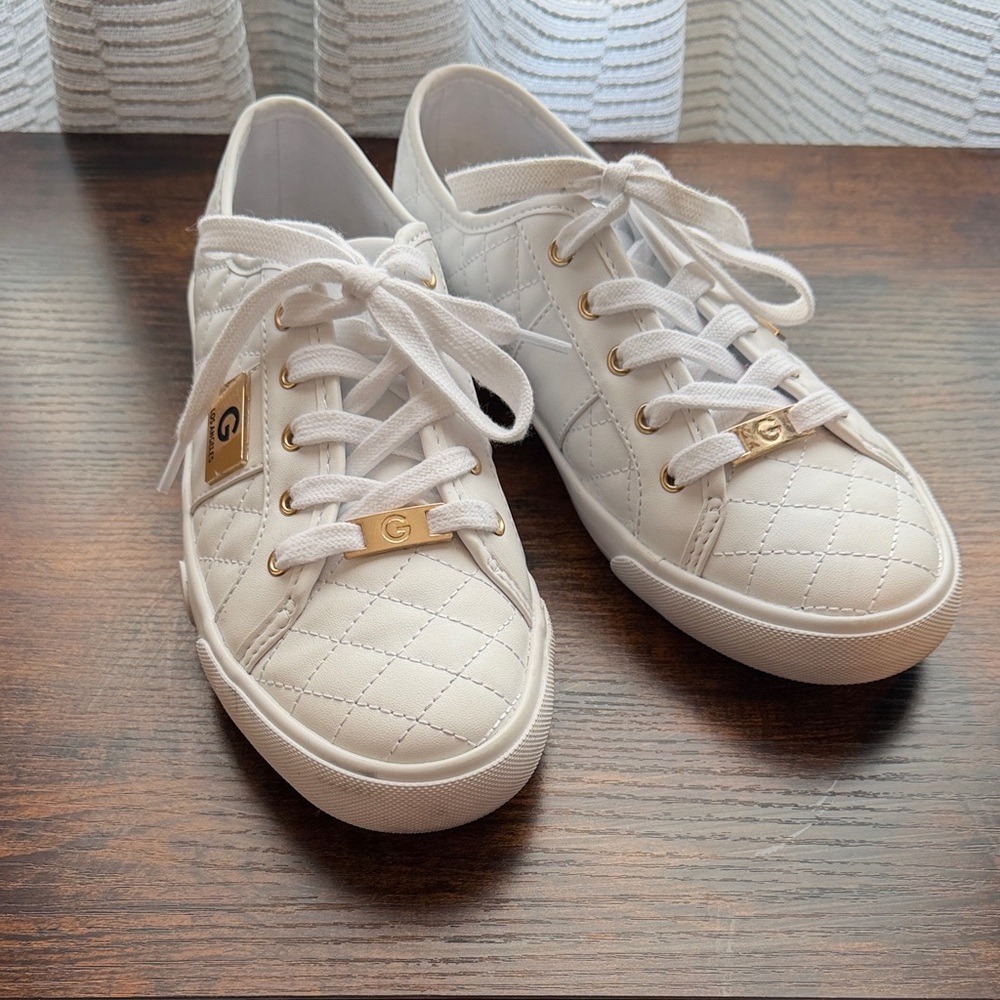 GUESS White Quilted Lace-Up Sneakers with Gold Hardware